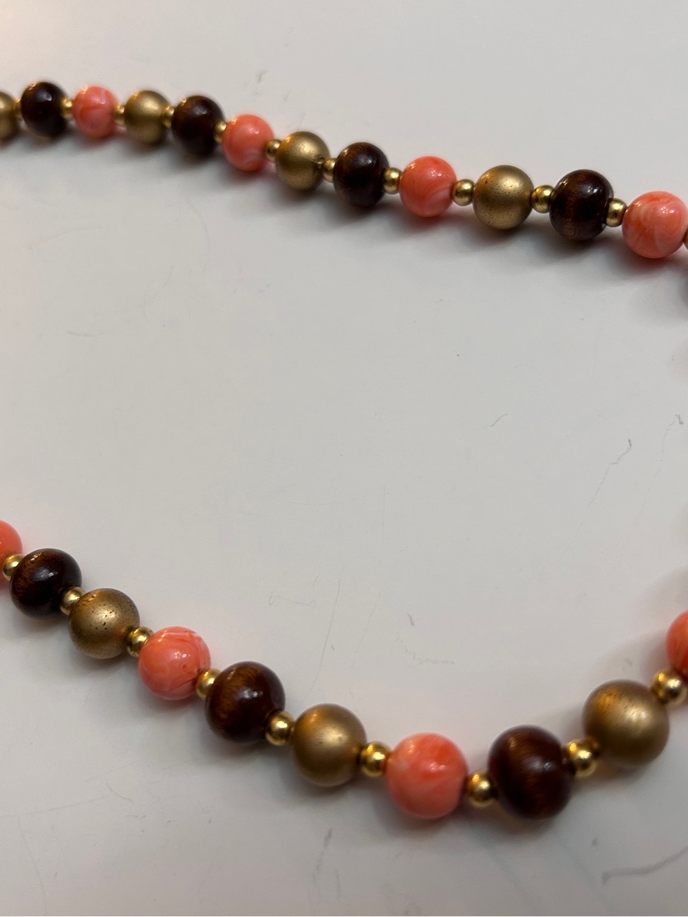 Elegant Coral, Gold & Brown Beaded Necklace - vintage 18”